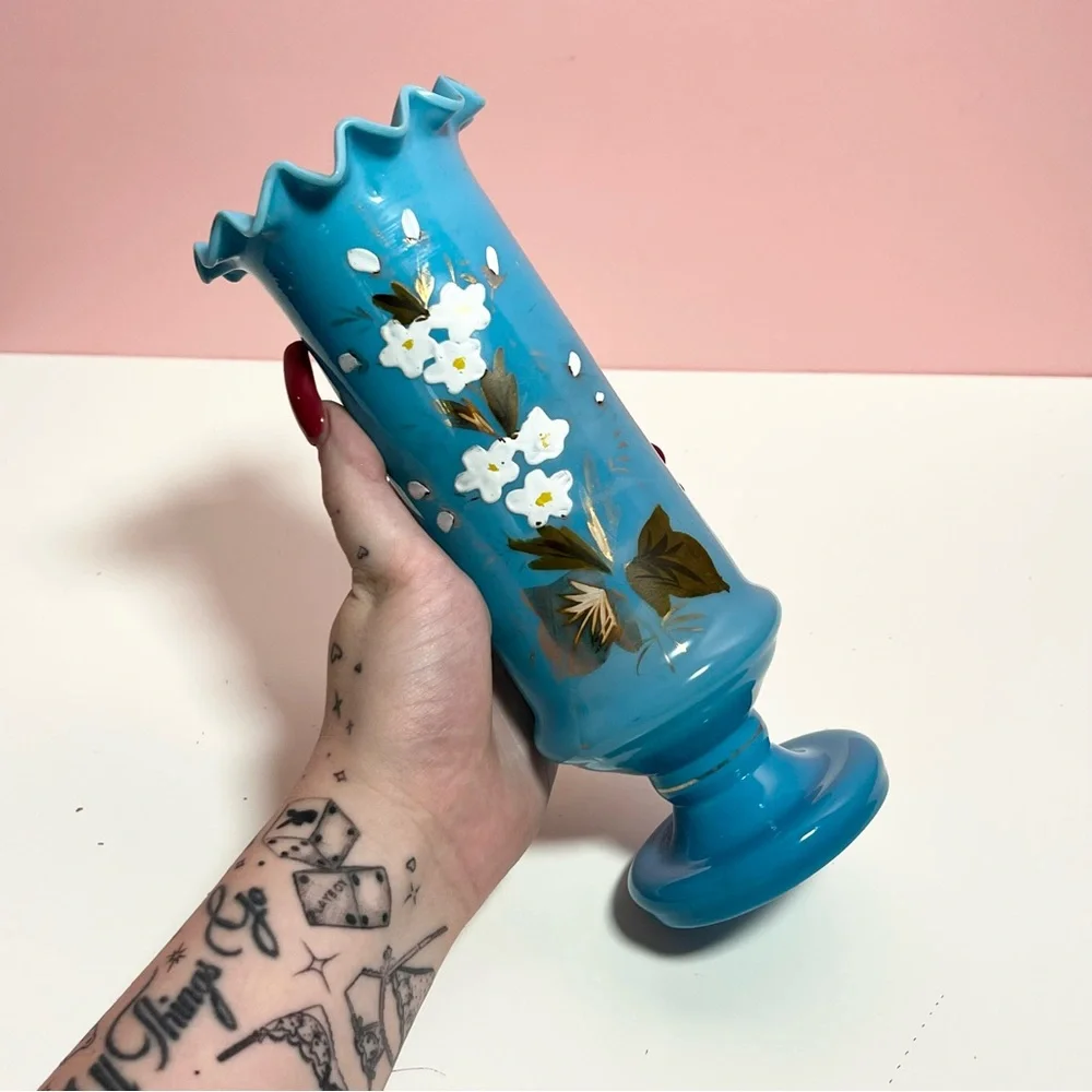 Vintage retro blue floral painted vase - Picture 2 of 6